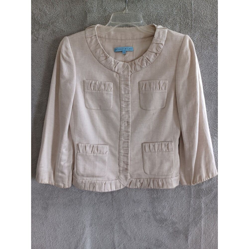 Antonio Melani Short Blazer Sz 2 Beige Linen Blend Ruffle Coastal Preppy Neutral